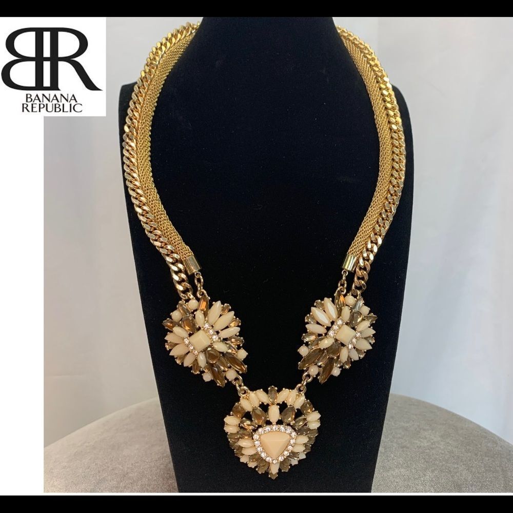Banana republic bronze brown cream gem jewelled Embellished statement necklace